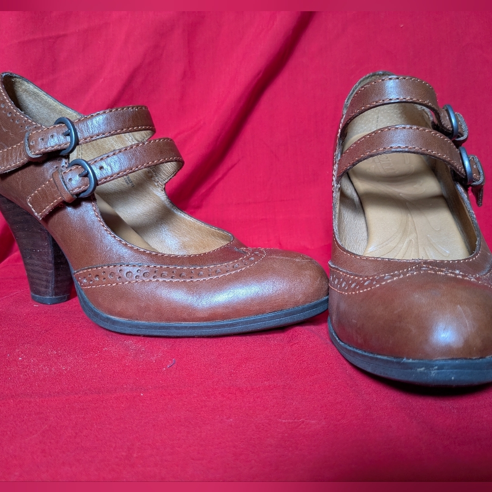 Brown Mary Jane Brogued Double-Strap Heels